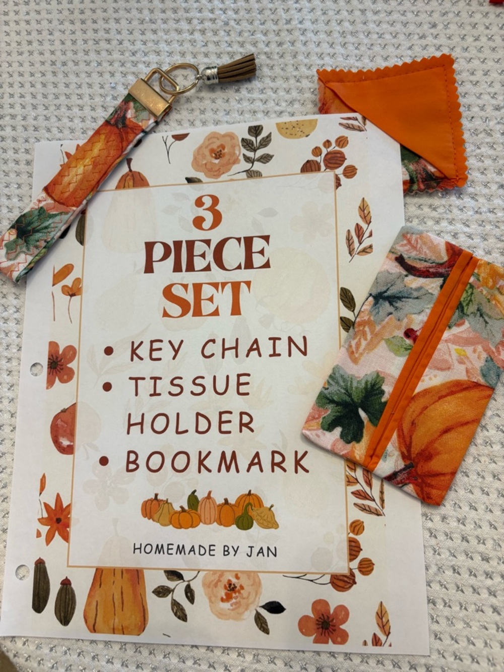 Halloween/Fall Orange Floral 3-Piece Key Chain, Tissue Holder & Bookmark Set